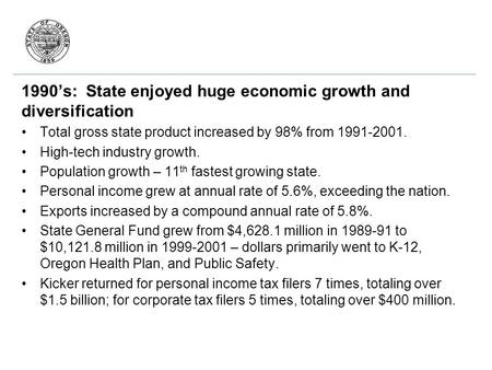 1990’s: State enjoyed huge economic growth and diversification Total gross state product increased by 98% from 1991-2001. High-tech industry growth. Population.