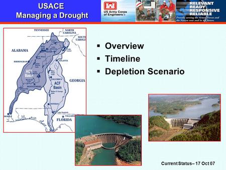 USACE Managing a Drought  Overview  Timeline  Depletion Scenario Current Status– 17 Oct 07.