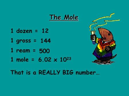 The Mole 1 dozen = 1 gross = 1 ream = 1 mole = 12 144 500 6.02 x 10 23 That is a REALLY BIG number…