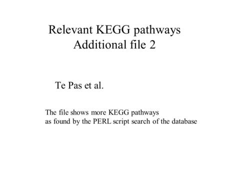 Relevant KEGG pathways Additional file 2 Te Pas et al. The file shows more KEGG pathways as found by the PERL script search of the database.