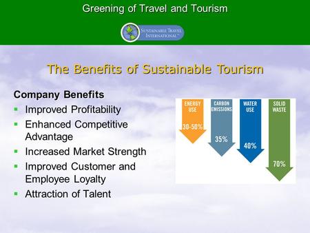 Greening of Travel and Tourism Greening of Travel and Tourism Company Benefits   Improved Profitability   Enhanced Competitive Advantage   Increased.