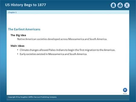 Chapter 1 Copyright © by Houghton Mifflin Harcourt Publishing Company Next US History Begs to 1877 The Earliest Americans The Big Idea Native American.