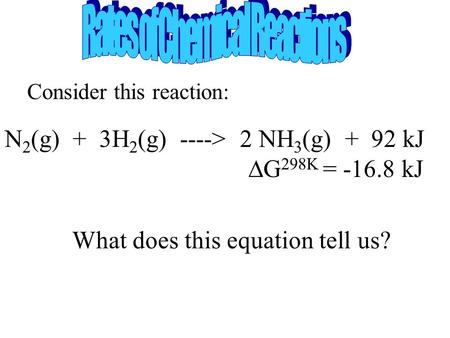 Consider this reaction: N 2 (g) + 3H 2 (g) ----> 2 NH 3 (g) + 92 kJ  G 298K = -16.8 kJ What does this equation tell us?