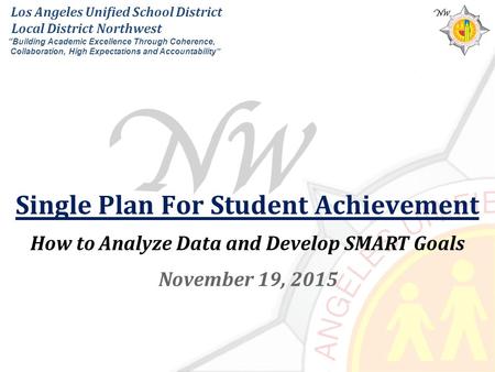 Single Plan For Student Achievement November 19, 2015 How to Analyze Data and Develop SMART Goals Los Angeles Unified School District Local District Northwest.