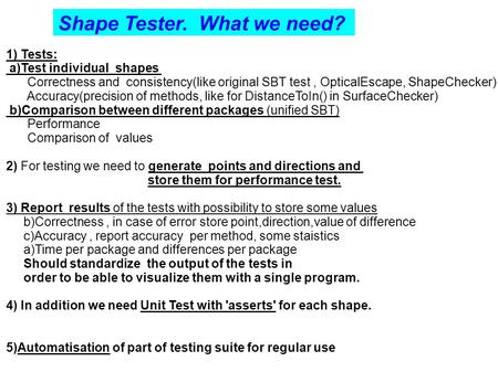 Shape Tester. What we need? 1) Tests: a)Test individual shapes Correctness and consistency(like original SBT test, OpticalEscape, ShapeChecker) Accuracy(precision.