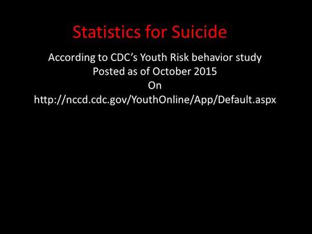 Statistics for Suicide According to CDC’s Youth Risk behavior study Posted as of October 2015 On