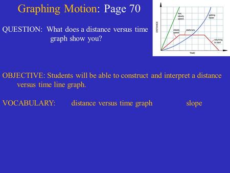 Graphing Motion: Page 70 QUESTION: What does a distance versus time graph show you? OBJECTIVE: Students will be able to construct and interpret a distance.