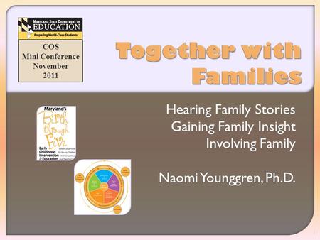 COS Mini Conference November 2011 Hearing Family Stories Gaining Family Insight Involving Family Naomi Younggren, Ph.D. 1.