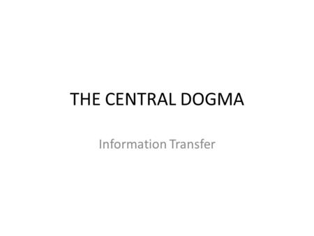 THE CENTRAL DOGMA Information Transfer. DNA Blueprint for protein synthesis Polymer of nucleotides Nucleotide = a 5 carbon sugar (deoxyribose), a phosphate.