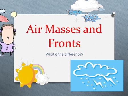 Air Masses and Fronts What’s the difference?. Air Mass O An air mass is a large volume of air with the same temperature and moisture content. O As an.