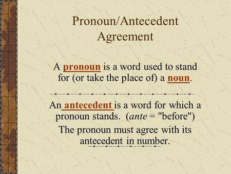 Pronoun/Antecedent Agreement A pronoun is a word used to stand for (or take the place of) a noun.pronounnoun An antecedent is a word for which a pronoun.