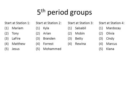 5 th period groups Start at Station 1: (1)Mariam (2)Tony (3)LaFire (4)Matthew (5)Jesus Start at Station 2: (1)Kyla (2)Arian (3)Branden (4)Forrest (5)Mohammed.