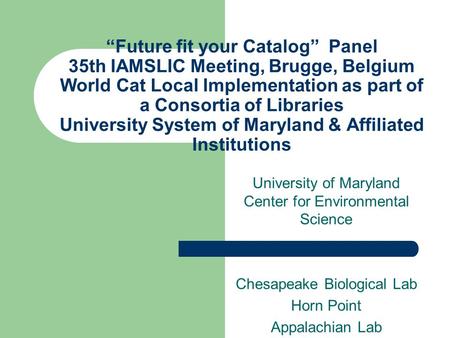 “Future fit your Catalog” Panel 35th IAMSLIC Meeting, Brugge, Belgium World Cat Local Implementation as part of a Consortia of Libraries University System.