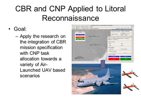 CBR and CNP Applied to Litoral Reconnaissance Goal: –Apply the research on the integration of CBR mission specification with CNP task allocation towards.