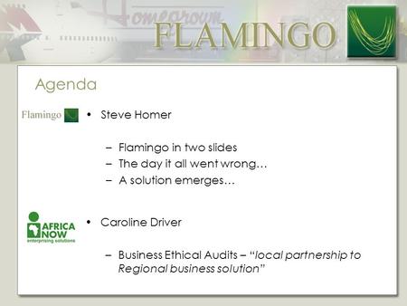 Agenda Steve Homer –Flamingo in two slides –The day it all went wrong… –A solution emerges… Caroline Driver –Business Ethical Audits – “local partnership.