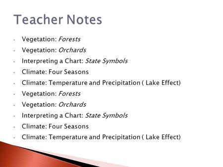 Vegetation: Forests Vegetation: Orchards Interpreting a Chart: State Symbols Climate: Four Seasons Climate: Temperature and Precipitation ( Lake Effect)