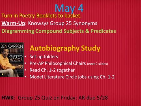 Turn in Poetry Booklets to basket. Warm-Up: Knowsys Group 25 Synonyms Diagramming Compound Subjects & Predicates Autobiography Study Set up folders Pre-AP.