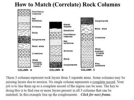 How to Match (Correlate) Rock Columns These 3 columns represent rock layers from 3 separate areas. Some columns may be missing layers due to erosion. No.