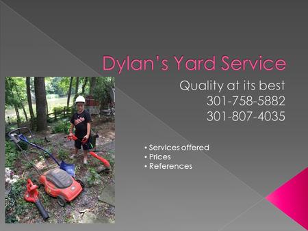 Services offered Prices References.  Lawn mowing  Weed Wacking  Leaf blowing and pickup  Weeding  In Winter: Shovel snow We use environmentally friendly.