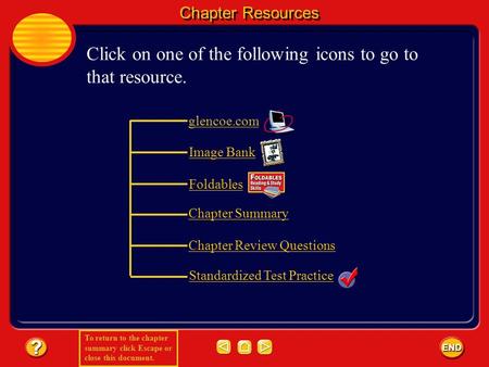 To return to the chapter summary click Escape or close this document. Chapter Resources Click on one of the following icons to go to that resource. glencoe.com.