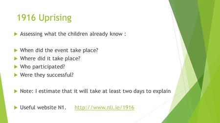 1916 Uprising  Assessing what the children already know :  When did the event take place?  Where did it take place?  Who participated?  Were they.