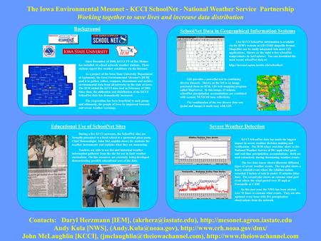 The Iowa Environmental Mesonet - KCCI SchoolNet - National Weather Service Partnership Working together to save lives and increase data distribution Contacts: