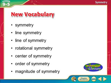 Vocabulary symmetry line symmetry line of symmetry rotational symmetry center of symmetry order of symmetry magnitude of symmetry.