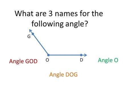 What are 3 names for the following angle? Angle O Angle GOD Angle DOG.