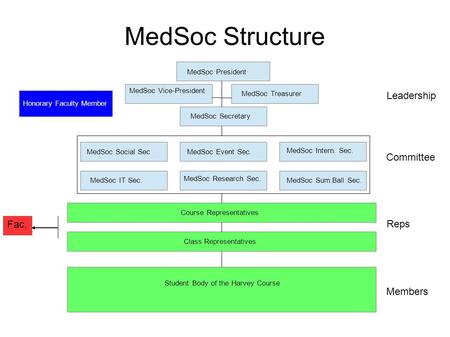 MedSoc Structure MedSoc President MedSoc Vice-President MedSoc Treasurer MedSoc Social SecMedSoc Event Sec. Course Representatives MedSoc Intern. Sec.