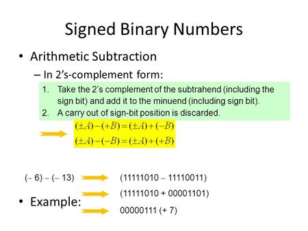 Signed Binary Numbers Arithmetic Subtraction – In 2’s-complement form: Example: 1.Take the 2’s complement of the subtrahend (including the sign bit) and.