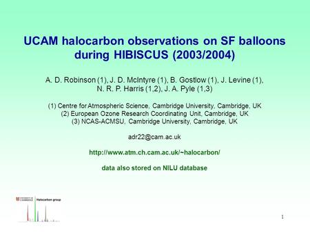 1 UCAM halocarbon observations on SF balloons during HIBISCUS (2003/2004) A. D. Robinson (1), J. D. McIntyre (1), B. Gostlow (1), J. Levine (1), N. R.