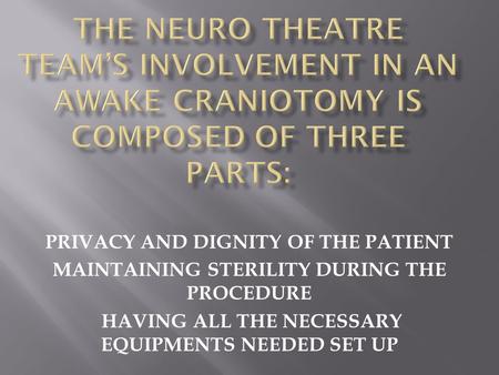 PRIVACY AND DIGNITY OF THE PATIENT MAINTAINING STERILITY DURING THE PROCEDURE HAVING ALL THE NECESSARY EQUIPMENTS NEEDED SET UP.