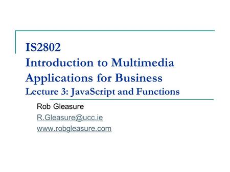 IS2802 Introduction to Multimedia Applications for Business Lecture 3: JavaScript and Functions Rob Gleasure