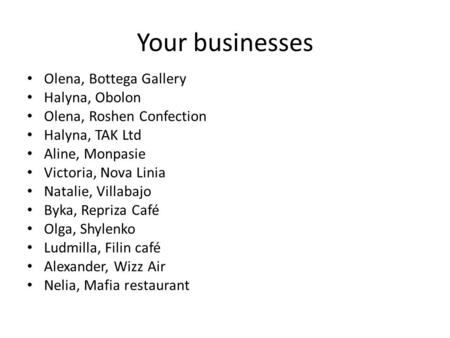 Your businesses Olena, Bottega Gallery Halyna, Obolon Olena, Roshen Confection Halyna, TAK Ltd Aline, Monpasie Victoria, Nova Linia Natalie, Villabajo.