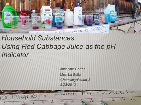 Measuring the pH Level in Household Substances Using Red Cabbage Juice as the pH Indicator Jocelyne Cortes Mrs. La Salle Chemistry/Period 3 5/28/2013.