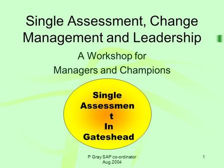 P Gray SAP co-ordinator Aug.2004 1 Single Assessment, Change Management and Leadership A Workshop for Managers and Champions Single Assessmen t In Gateshead.