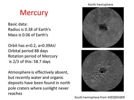 Mercury Basic data North hemisphere South hemisphere from MESSENGER Basic data: Radius is 0.38 of Earth’s Mass is 0.06 of Earth’s Orbit has e=0.2, a=0.39AU.