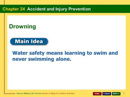 Glencoe Making Life Choices Section 2 Safety for Outdoor Activities Chapter 24 Accident and Injury Prevention 1 > HOME Water safety means.