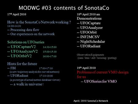 April/ 2010 SonotaCo Network 1 MODWG #03 contents of SonotaCo 17 th April 2010 How is the SonotaCo Network working ? 14:00-14:30 -- Processing data flow.