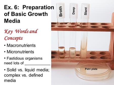 Ex. 6: Preparation of Basic Growth Media Key Words and Concepts Macronutrients Micronutrients Fastidious organisms need lots of ____________ Solid vs.