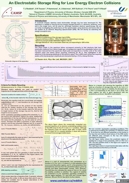 An Electrostatic Storage Ring for Low Energy Electron Collisions T J Reddish †, D R Tessier †, P Hammond *, A J Alderman *, M R Sullivan †, P A Thorn †