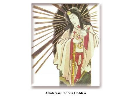 Amaterasu: the Sun Goddess. The Wedded Rocks at Futami no Ura are linked by a hemp rope that symbolizes the union of Izanagi and Izanami, the primal.