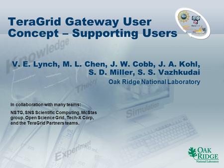 TeraGrid Gateway User Concept – Supporting Users V. E. Lynch, M. L. Chen, J. W. Cobb, J. A. Kohl, S. D. Miller, S. S. Vazhkudai Oak Ridge National Laboratory.