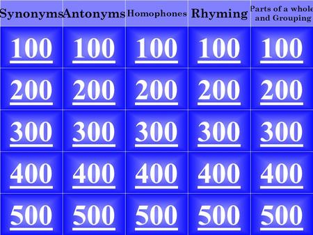 100 Parts of a whole and Grouping RhymingAntonyms Homophones Synonyms 100 200 300 400 500 200 300 400 500.