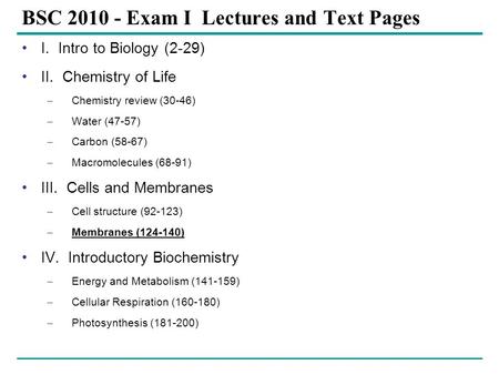 BSC Exam I Lectures and Text Pages