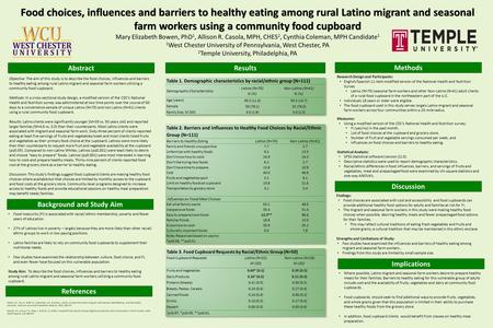 Food choices, influences and barriers to healthy eating among rural Latino migrant and seasonal farm workers using a community food cupboard Mary Elizabeth.