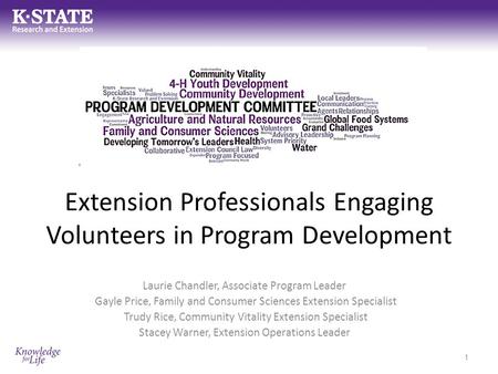 Extension Professionals Engaging Volunteers in Program Development Laurie Chandler, Associate Program Leader Gayle Price, Family and Consumer Sciences.