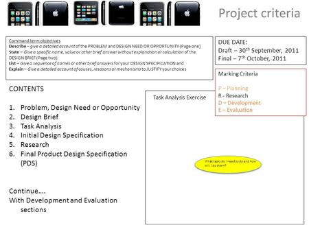 Task Analysis Exercise Project criteria Command term objectives Describe – give a detailed account of the PROBLEM and DESIGN NEED OR OPPORTUNITY (Page.