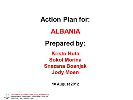 University of Wisconsin Pain & Policy Studies Group World Health Organization Collaborating Center for Pain Policy and Palliative Care Action Plan for: