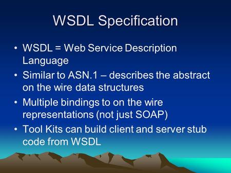 WSDL Specification WSDL = Web Service Description Language Similar to ASN.1 – describes the abstract on the wire data structures Multiple bindings to on.